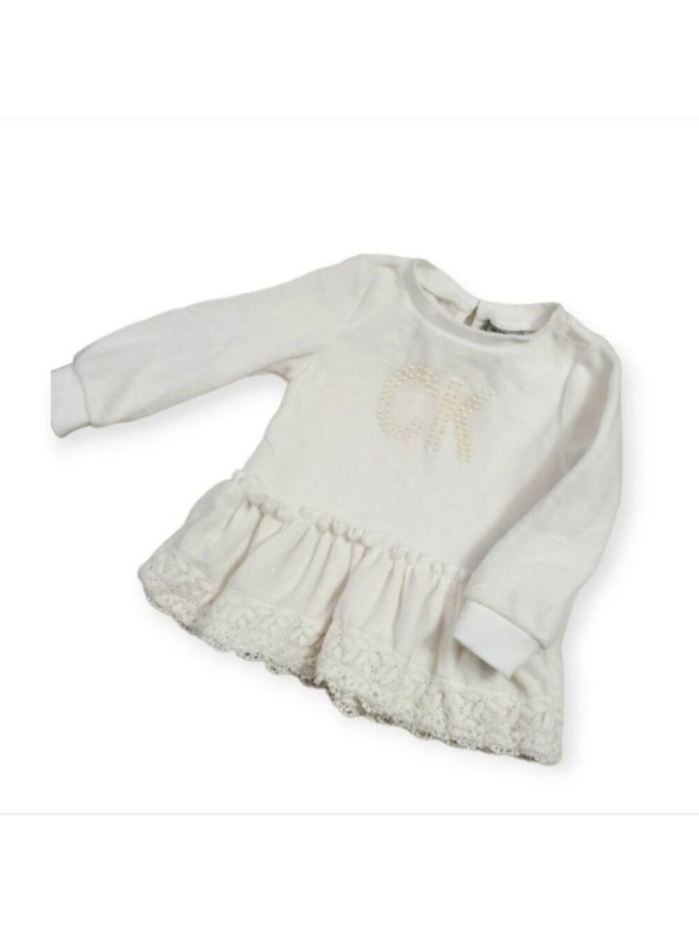 Calvin Klein Pearl Logo Ruffle Lace Hem Top White 24M